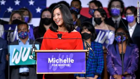 Michelle Wu addresses supporters at her election night party, Tuesday, Nov. 2, 2021, in Boston. Wu defeated fellow City Councilor Annissa Essaibi George in the race for Boston mayor.